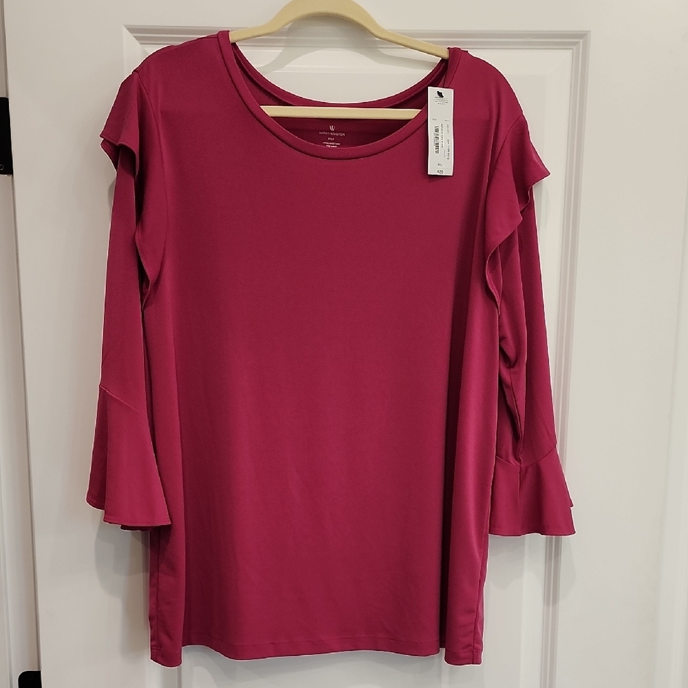 NWT XXLT Worthington HOT Pink Flutter Sleeve‎ Ruffled Blouse TALL